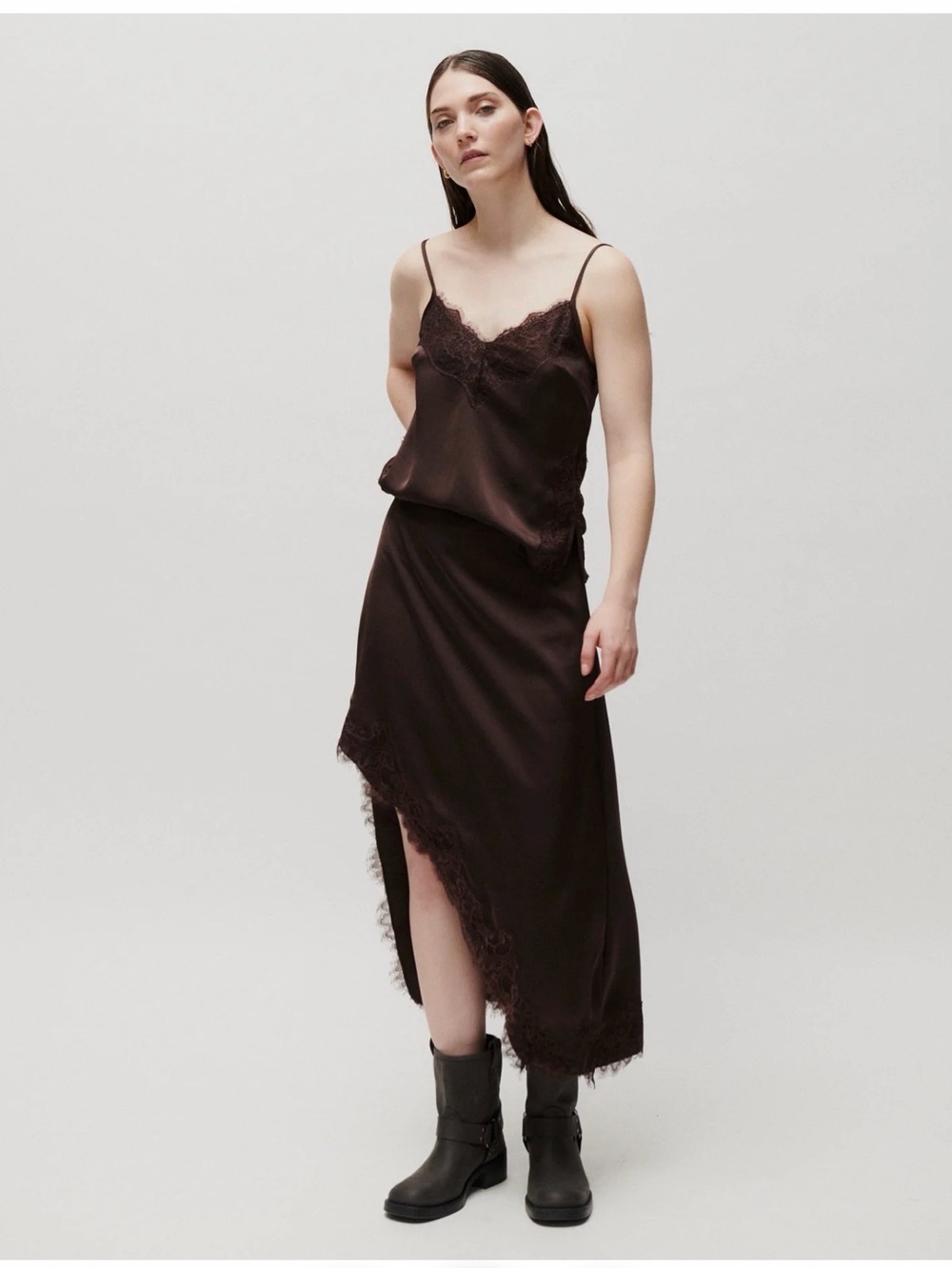 Day Birger et Mikkelsen Satin Lace-Trim asymmetrical Slip skirt in Dark Brown